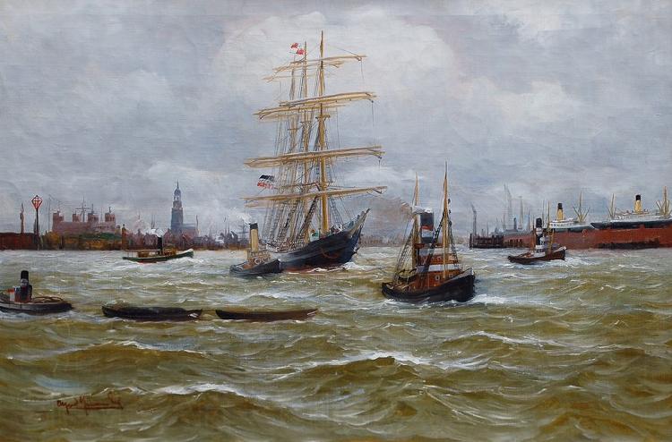 Alfred Jensen Dreimaster und Schlepper im Hamburger Hafen Spain oil painting art